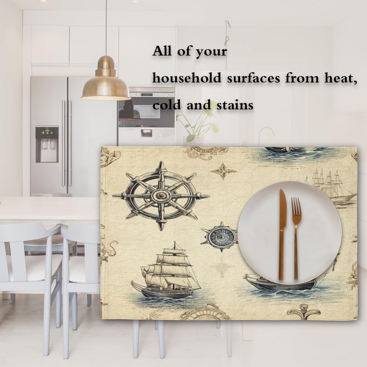 Vintage Nautical Ocean Sailboat Compass Placemats Set of 6 Decorative Dinner Place Mats Washable Table Mat for Gifts, Holiday, Birthday Party, Wedding & Dining