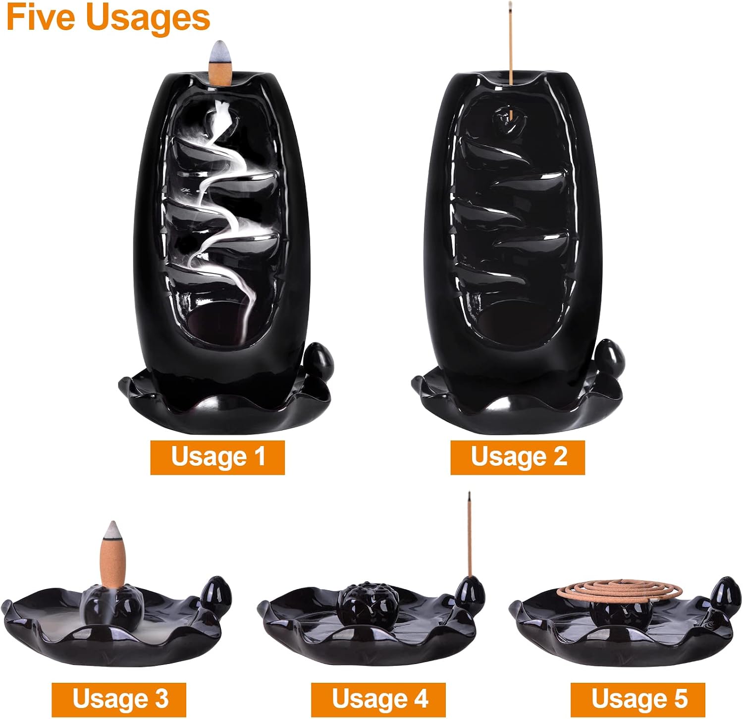 SOLEJAZZ Backflow Incense Burner Waterfall Incense Holder Ceramic with 120 Backflow Incense Cones + 30 Incense Stick for Home Office Yoga Aromatcherapy Ornamen, Jet Black