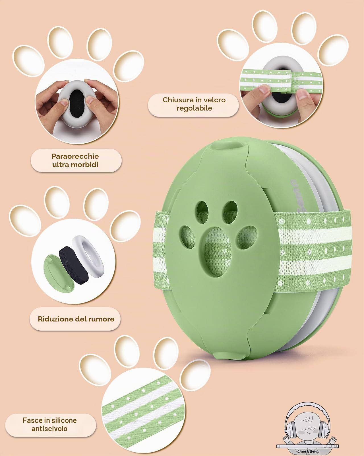 Lilian&Gema Casco Anti Rumore 2 in 1, Confortevole e Regolabile per Bambini fino a 48 Mesi, Ideale per Sonno e Attività