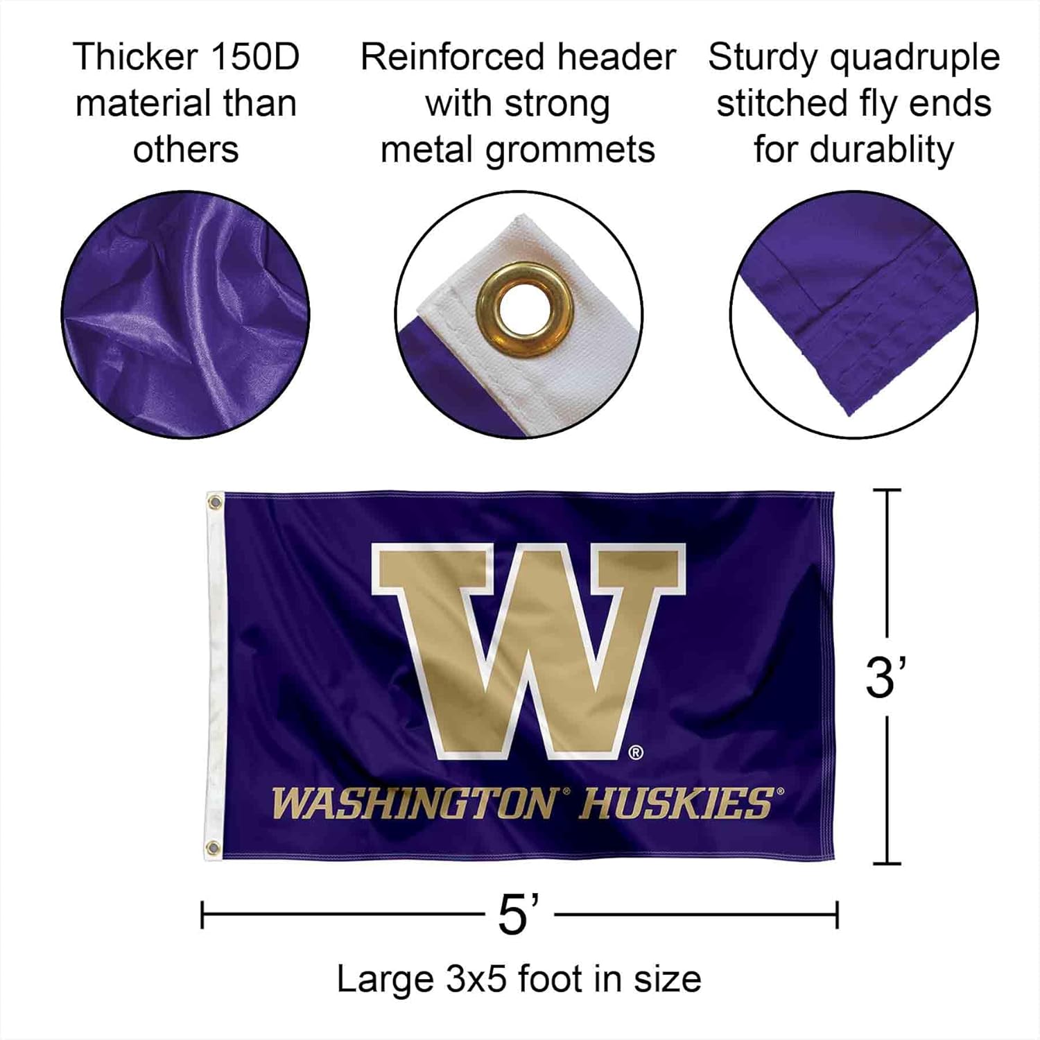 Washington UW Huskies Flag with Pole and Bracket Holder University Set - Image 3