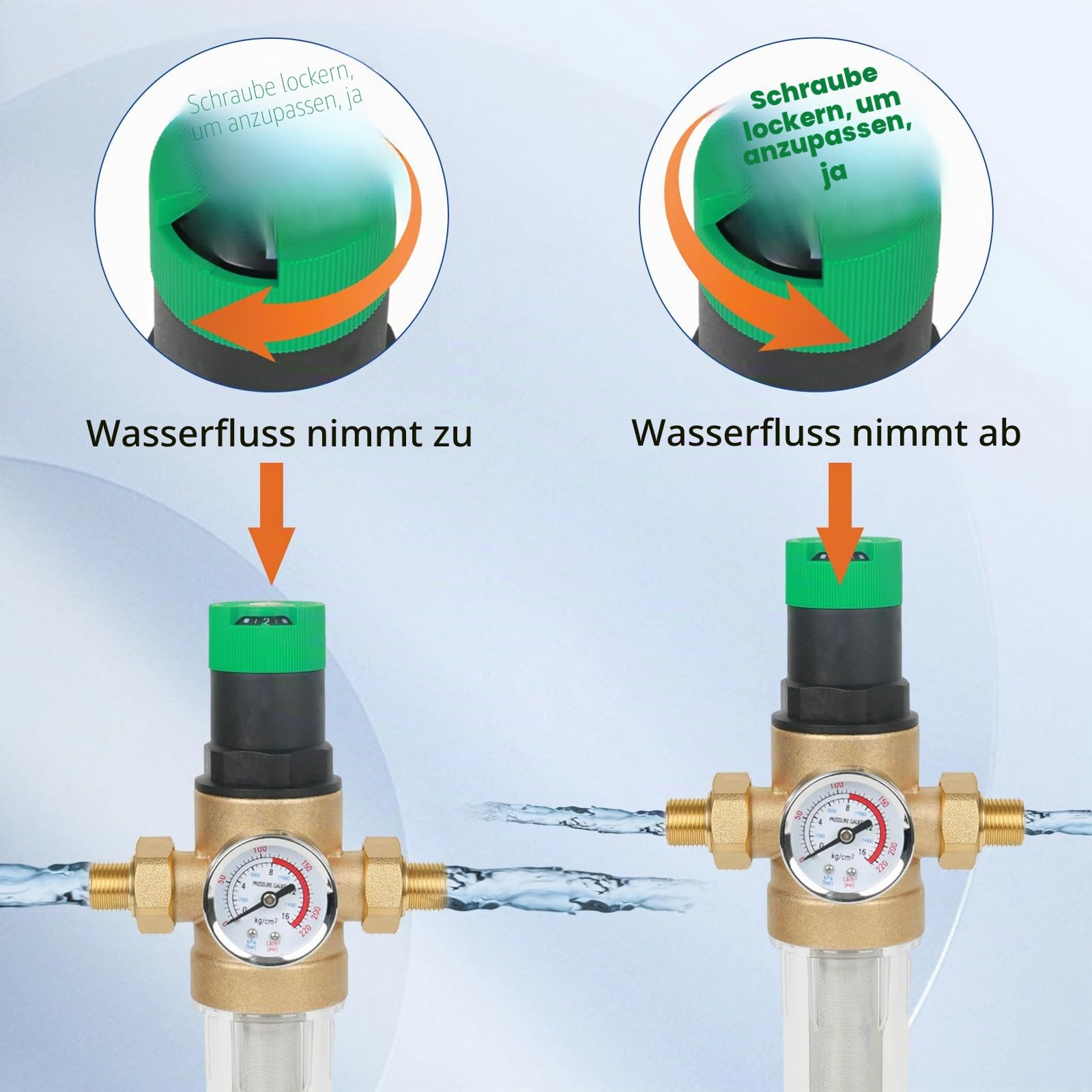 Rückspülfilter, Druckminderer Wasserfilter mit Manometer, Wasserdruckminderer, Wasser Vorfilter Sedimentfilter, Ausspülbarer Feinfilter, Spin Down Sediment Wasserfilter (1" mit 3/4" Adapter)