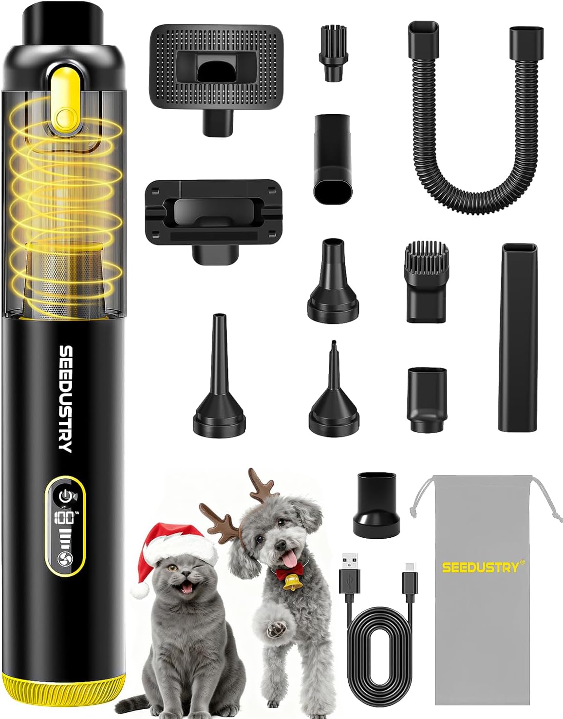 SEEDUSTRY Handheld Vacuum Cleaner Cordless, Mini Small Car Vacuum, Portable Pet Hair Vacuum, 3 Suction Modes-Up to 18000pa, 6 Blow & Suck & Deflate & Inflate Nozzles for Car, Pet, Office, Home 02