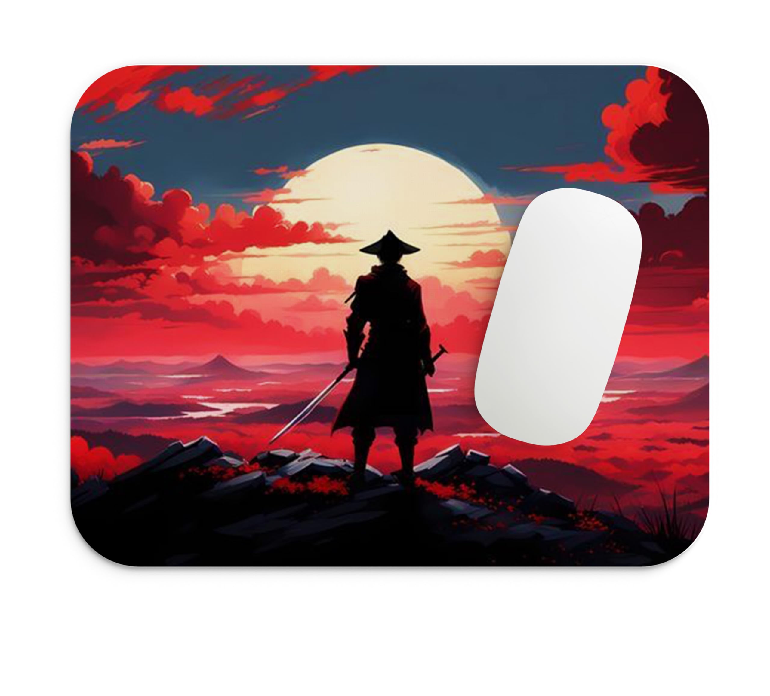 Samurai Sunset Mouse Pad, Red and Black, Japanese Warrior Theme, Rounded Corners, Non-Slip Base-image-22