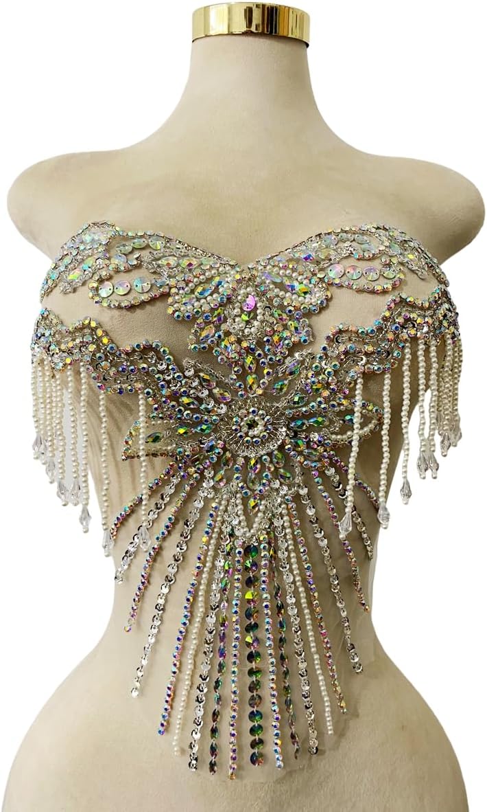 Unique Tassel Decorative Appliques Pure Handsewing Beads Rhinestones Trim Patches Luxurious Design Accessories for The Chest of Clothes Dress (Silver)