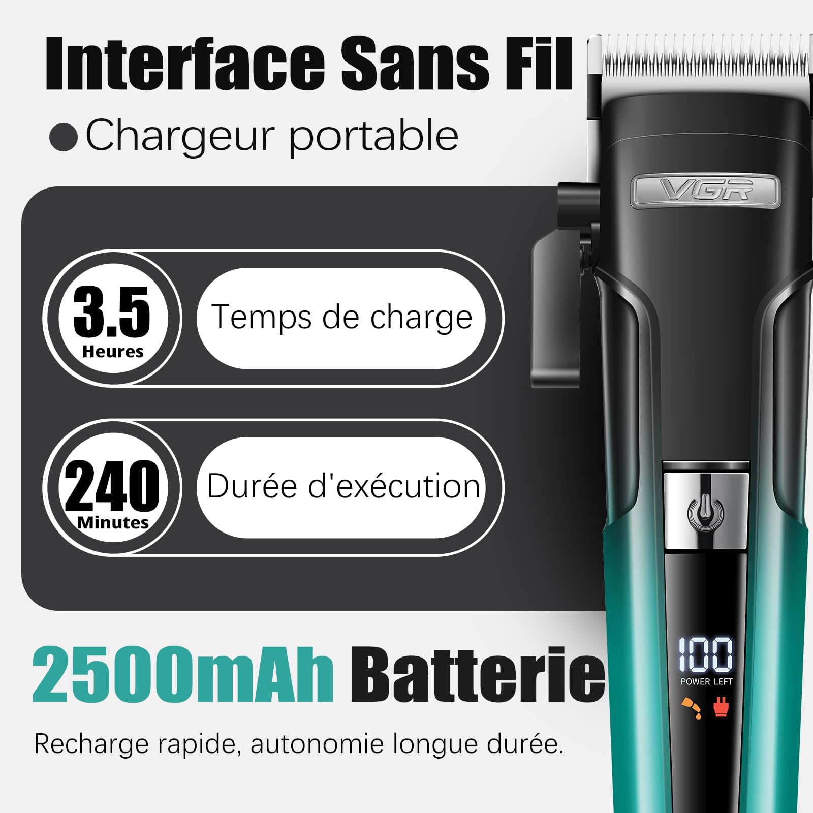 VGR 694 Tondeuse Cheveux Hommes Professionnel Kit Équipé Lames en Céramique | Tondeuse Barbe et Cheveux Homme Comprenant Station de Charge Magnétique, Kit Barber Avec Affichage LED