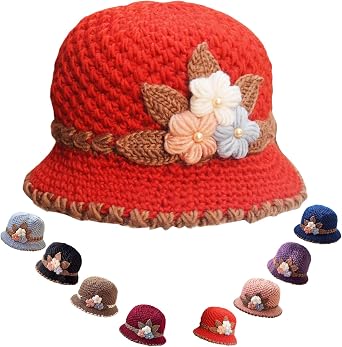 Lady French Thicken Womens Flowers Knitted Woolen Hat, Winter Warm Windproof Crochet Beanie Hat with Flower