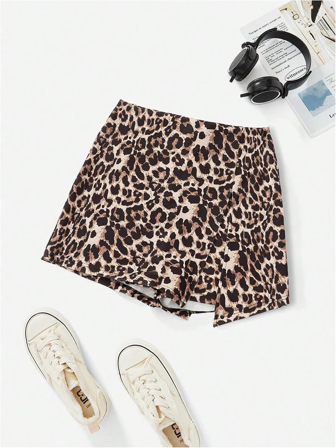 Floerns Women's Plus Size Leopard Print Slit Skorts Asymmetrical Hem Skirt Shorts