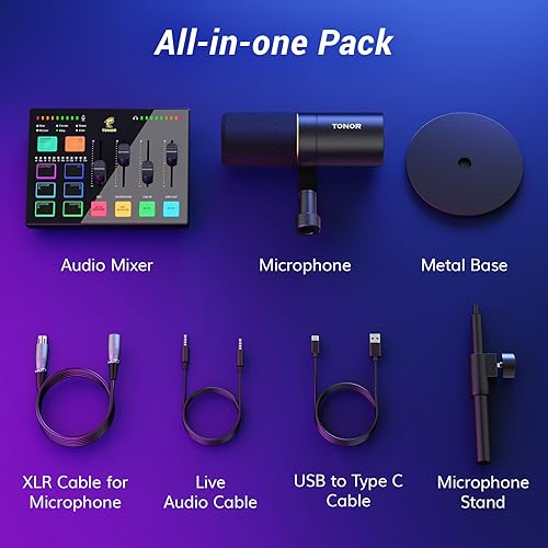 Miniatura 8 de TONOR Conjunto de interfaz de audio y micrófono, paquete de equipos de podcast, mezclador de audio USB con RGB, micrófono dinámico XLR con calidad