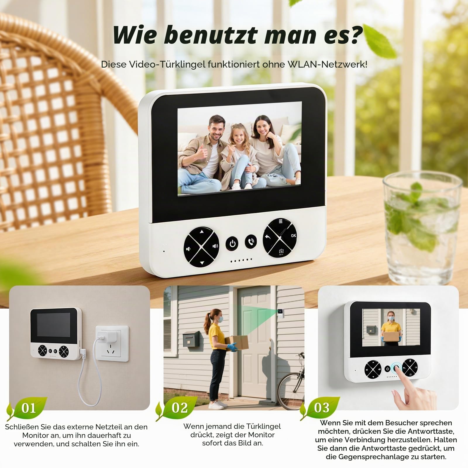 Türklingel mit Kamera und Monitor 4,3 Zoll, 80° Weitwinkel Video Türklingel,Türsprechanlage mit Kamera 1080P HD, Gegensprechanlage Infrarot Nachtsicht Zwei-Wege-Audio, IP65 Wasserdicht,Weiß