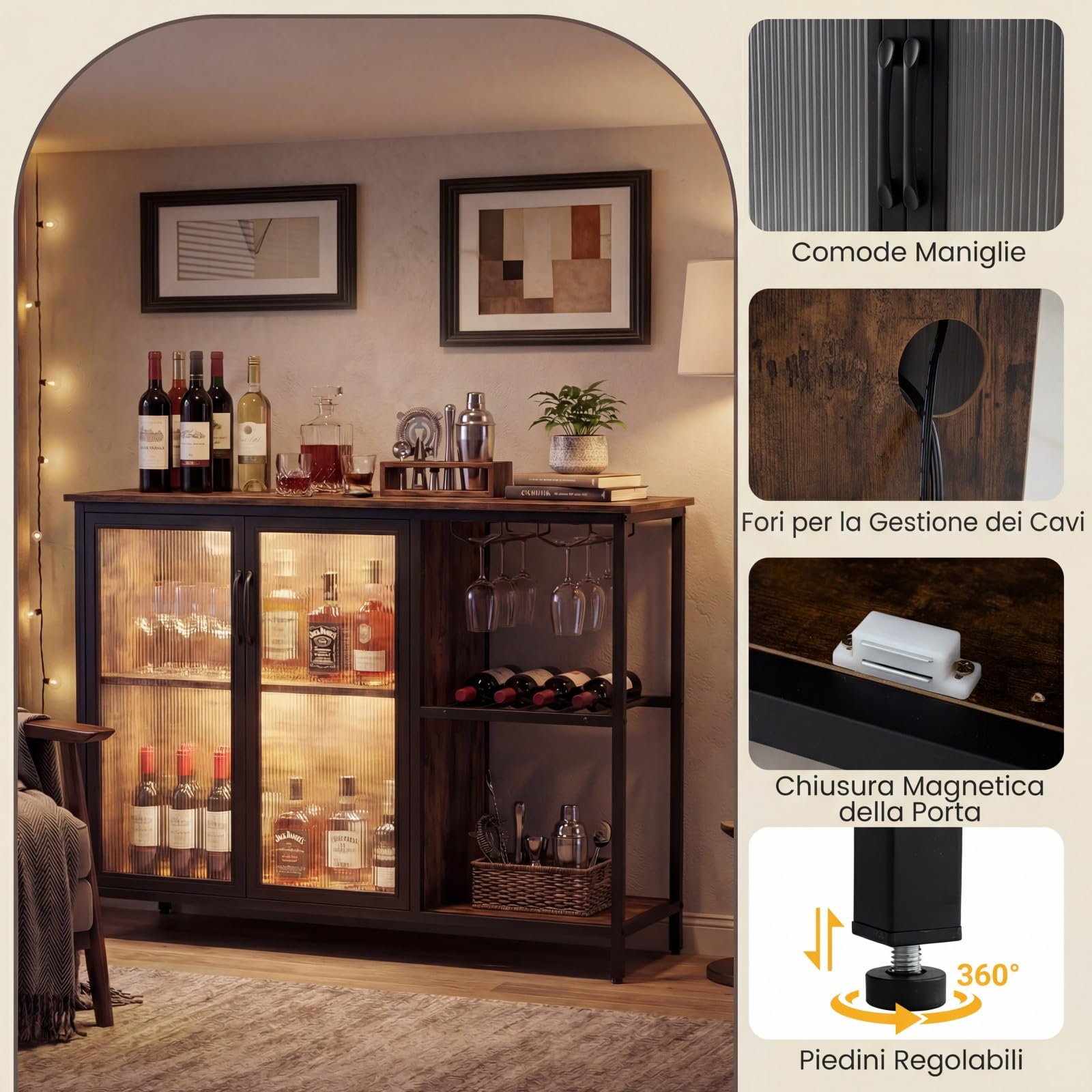 COSTWAY Mobiletto Bar per Vino con Prese di Corrente e Luci LED, Mobile Bar da Terra per Caffè con Portabottiglie e Portabicchieri, Credenza Buffet per Liquori per Cucina, Sala da Pranzo e Soggiorno