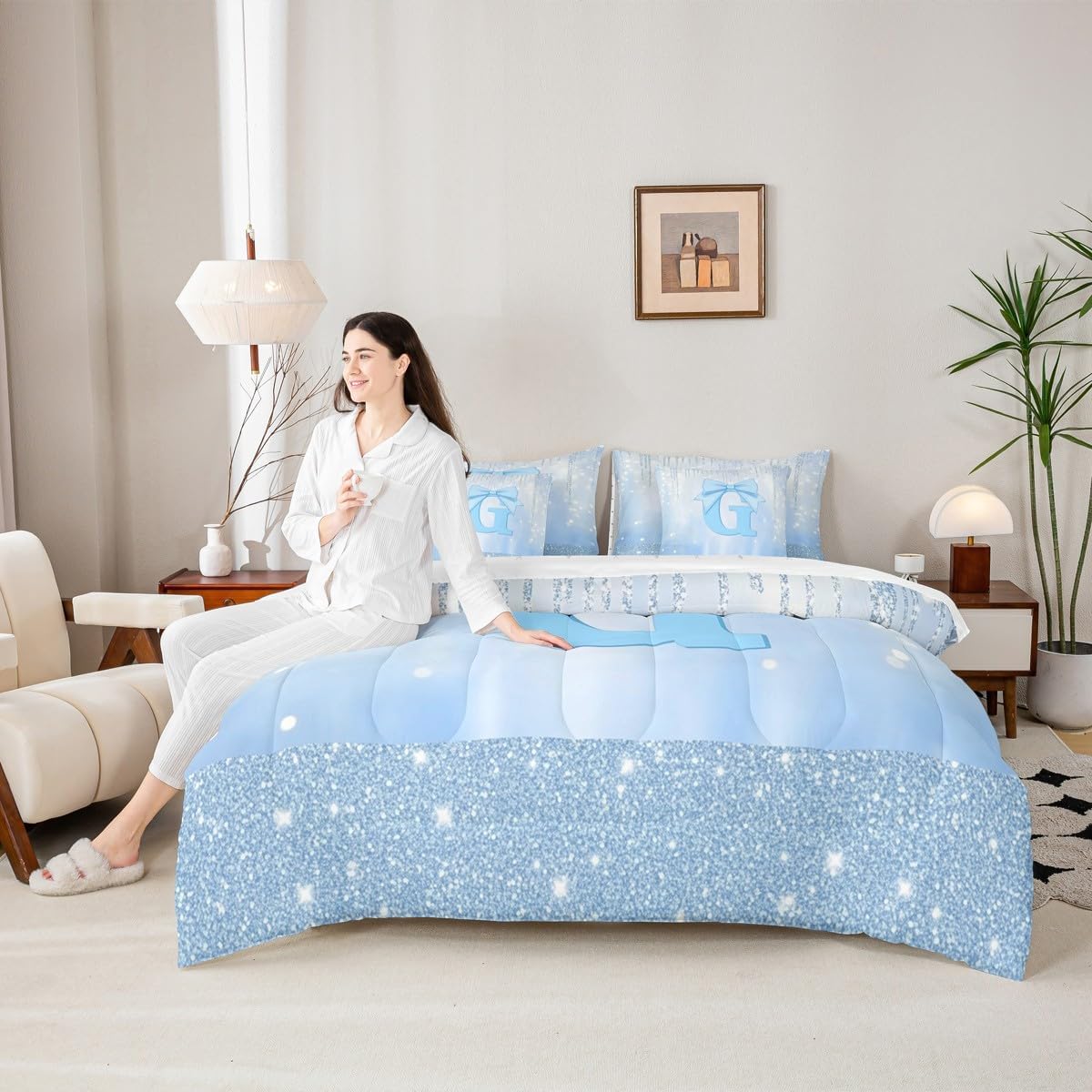 Feelyou Blue Bowknot Comforter Set Twin Size 7 Pieces Initial Letter G Bedding Set Kids Boy Girls Princess Glitter Bed in a Bag with Comforter, Sheets, Pillowcases, Cushion Covers Cute Bow Alphabet