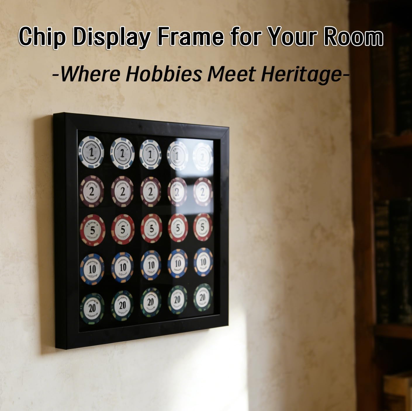Poker Chip Display Frame for 25 Chips, Black Poker Chip Display Case with EVA, Fits Most Casino & Golf Poker Chips, Wall Mount or Tabletop Display