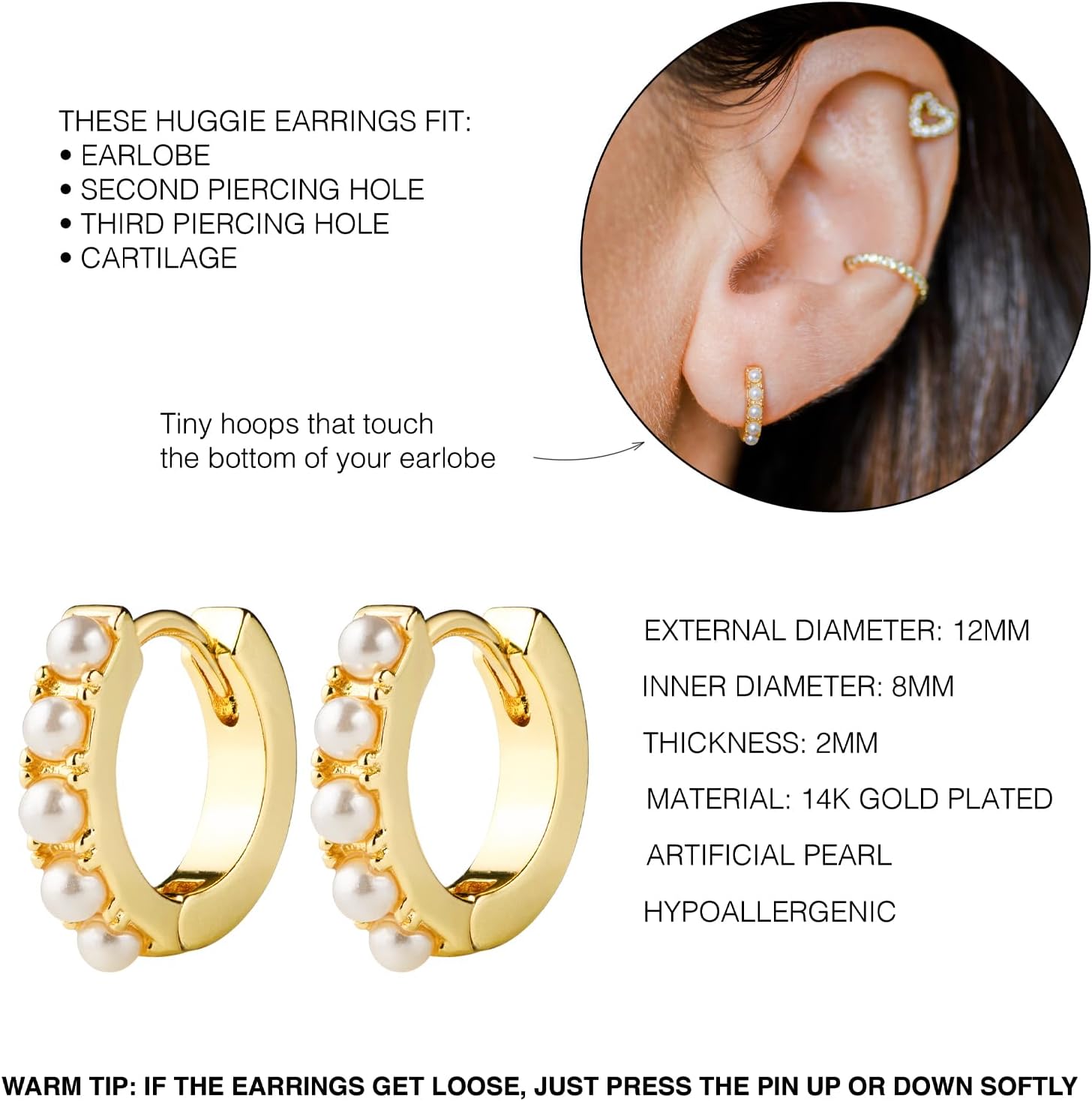 LAVLA Pearl Huggie Earrings | 14k Gold Plated or Silver Small Tiny Pearl Hoop Earrings For Women - Image 2