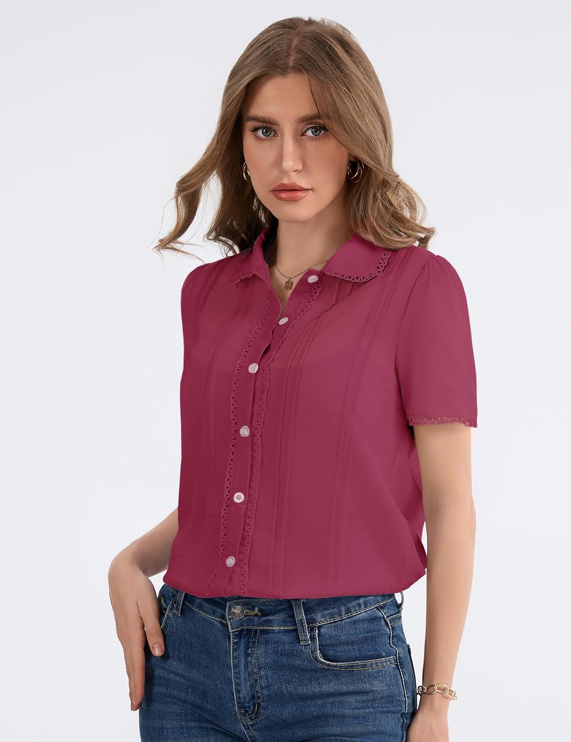 IECCP Button Down Shirts for Women Short Sleeve Lace Trim Sheer Cotton Blouses Spring Summer Tops Casual Clothing 2026 - Image 4
