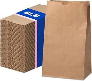 FMP Brands 200 Pack 8 lb Brown Kraft Paper Lunch Bags 12.4x6x4" - Durable Bulk Recyclable Snack Grocery Bags for Small Business