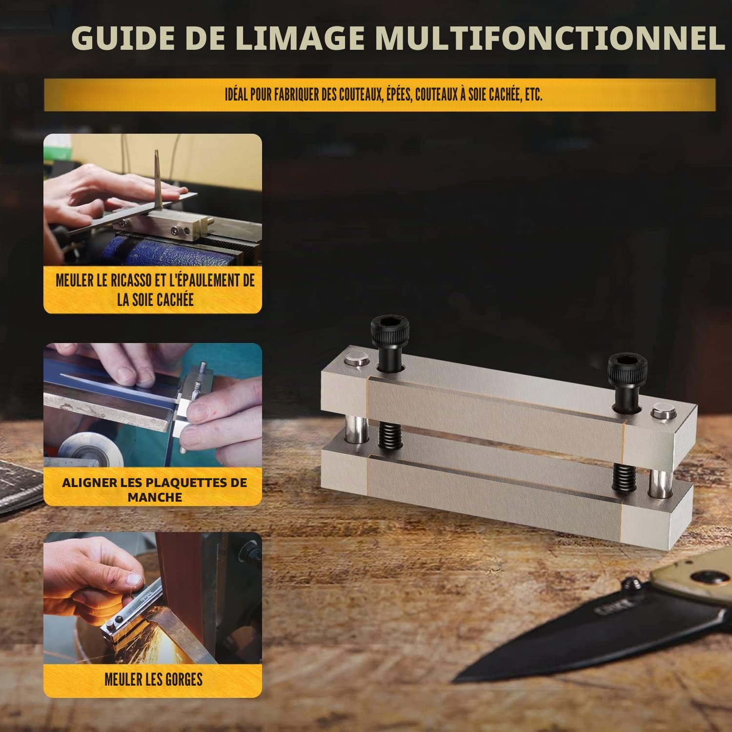 Guide de limes avec surface en carbure pour la fabrication de couteaux Argenté