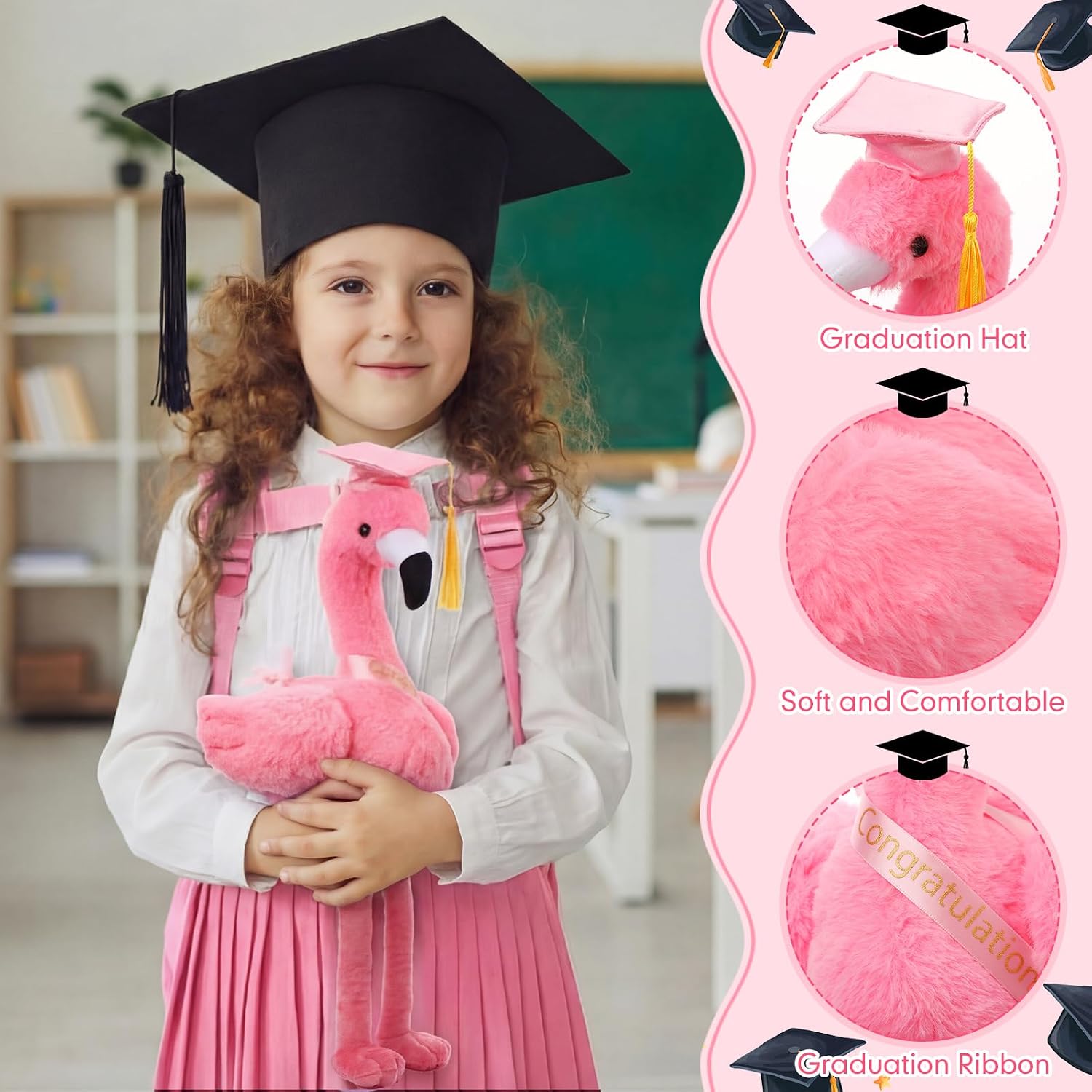 Chalyna 10 Inch Graduation Gifts Flamingo Plush Stuffed Animal with Gold Tassel Graduation Hat and Sash Congrats Grad Gift for Preschool Kindergarten Kids Student Friend Party Decoration(Pink)