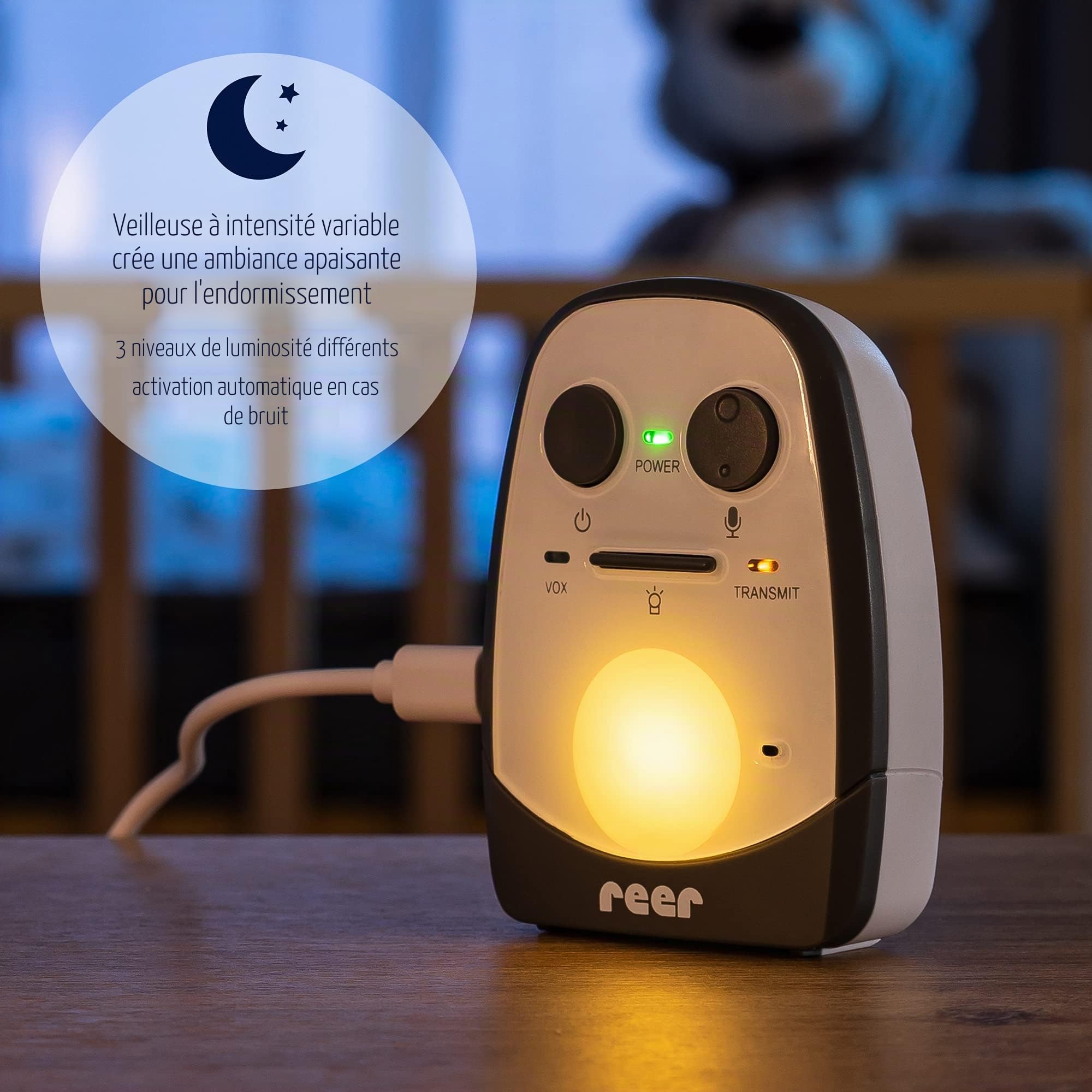 Reer Cosmo 50150 Babyphone de l'inventeur du babyphone, avec veilleuse, alarme vibrante et fonction interphone, blanc, portée de 600 m