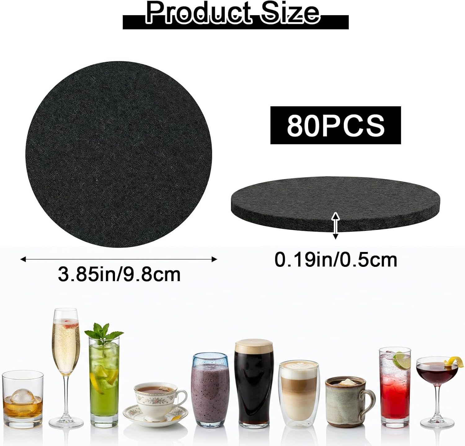 80 Pcs Felt Drink Coasters, 4 Inch Round Absorbent Felt Coasters, Anti Slip, Reversible for Drinks, Thickened Absorbent Coaster for Home Decor Coffee Tabletop Protection, Black