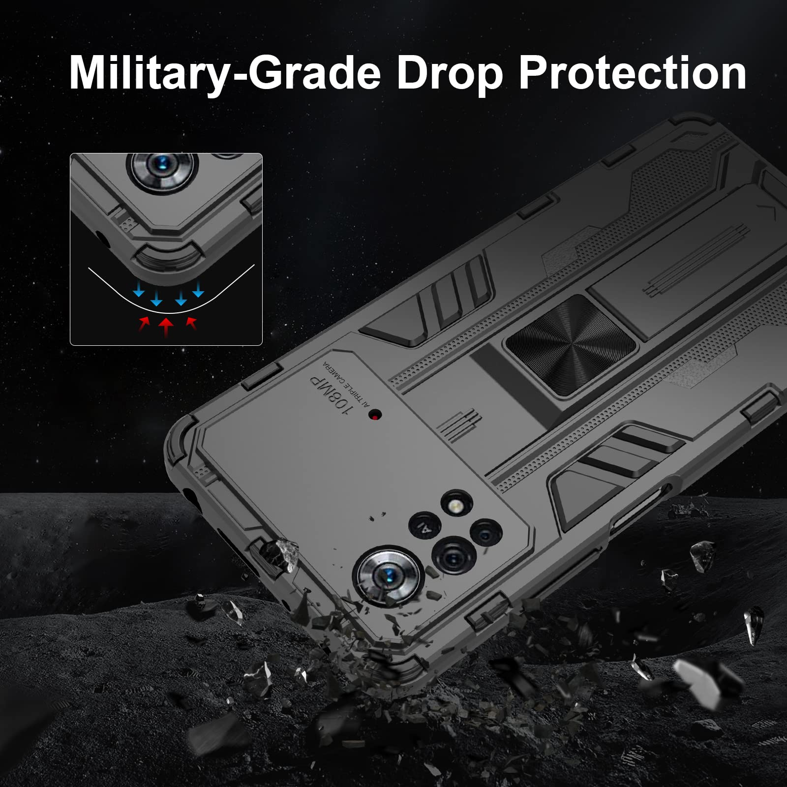 Btstring Cover per Xiaomi Poco X4 Pro 5G con Pellicola Protettiva, Militare Custodia con Stand Supporto Bumper Antiurto Case, TPU+PC Dual Layer Custodia- Nero