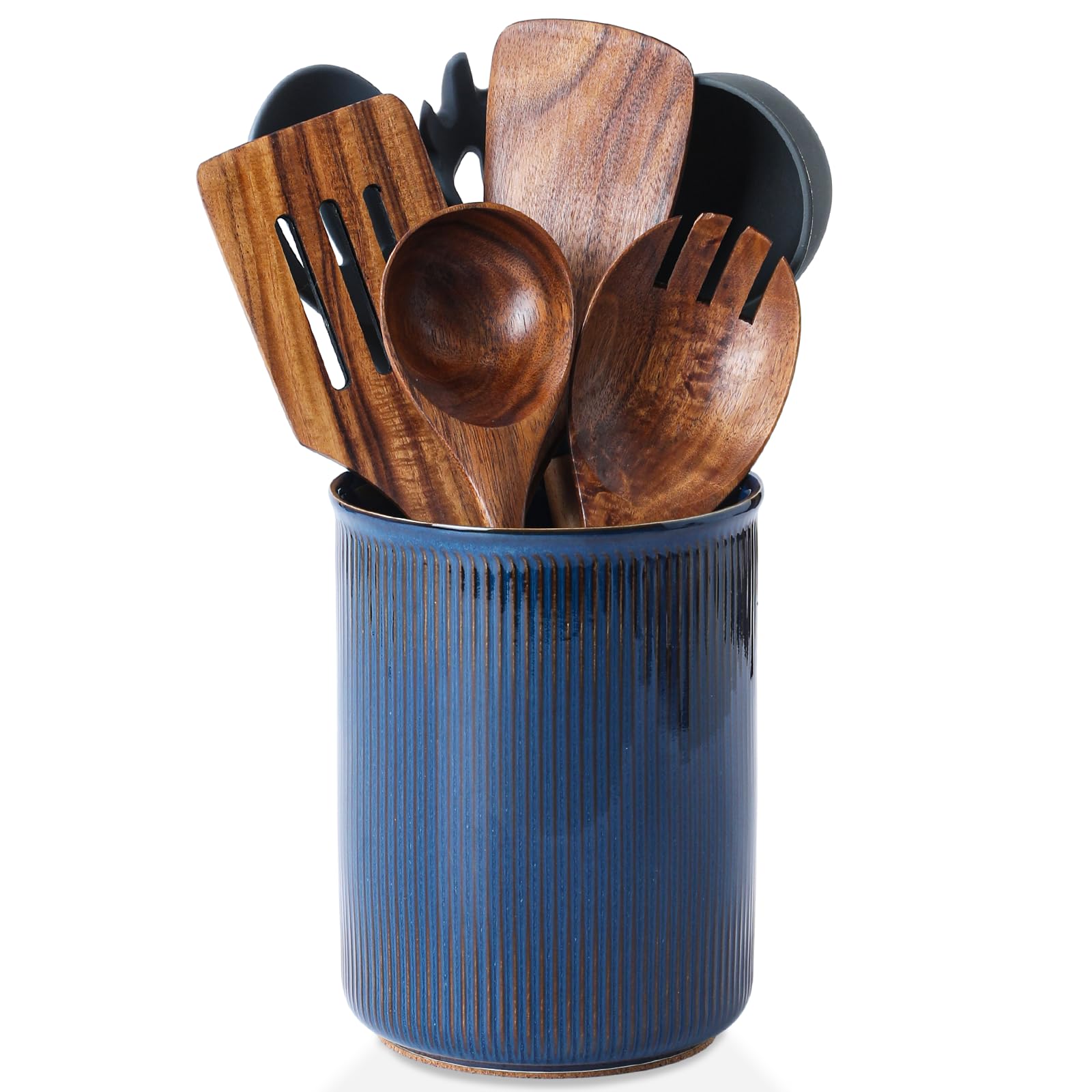 LoeJan 3 Compartment Utensil Holder, Extra Large Utensil Crock, Stable Ceramic Utensil Organizer, Cooking Tool Organizer Set for Kitchen Counter Farmhouse Decor (I-6.7" Flambe Blue)