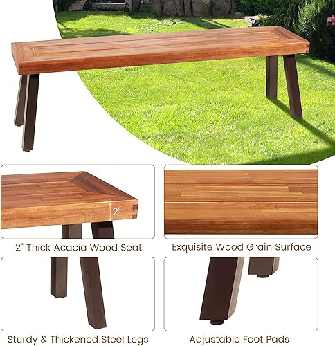 Miniatura 6 de Tangkula Banco de madera de acacia al aire libre, banco de picnic para patio, comedor con patas de acero para porche, jardín, piscina, sala de