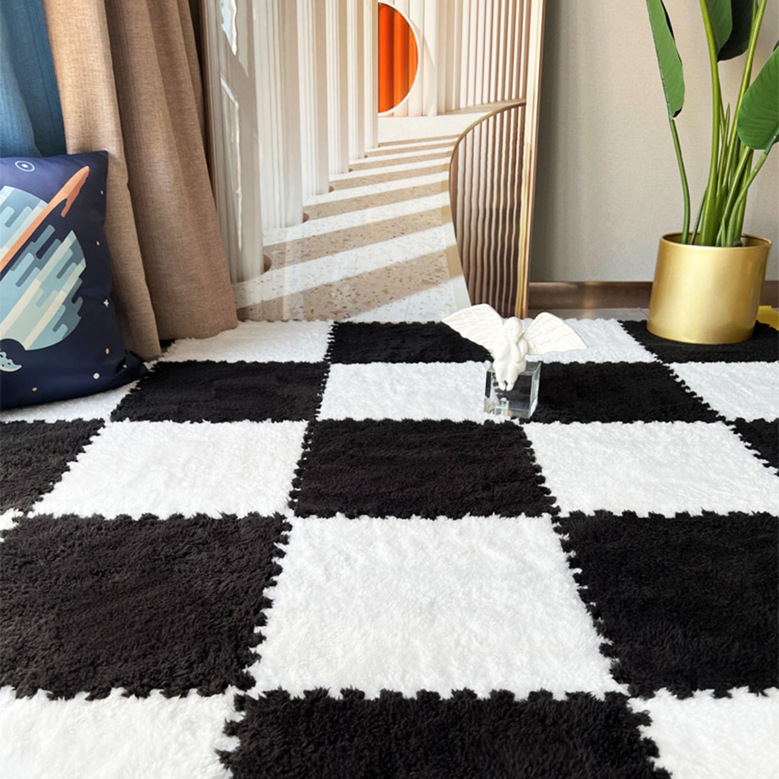 Generico Tappeto Puzzle soffice, 60 Piastrelle ad Incastro, Morbido Tappetino in Schiuma Antiscivolo, Spessore 12 Pollici (0,23 e 0,39 Pollici), Eleganti Piastrelle per Pavimento Puzzle Bianche e NER