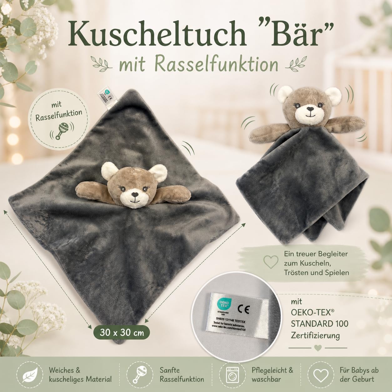 Windeltorte neutral zur Geburt | Geschenkset für Baby & Eltern | 14 Markenwindeln Größe 2 | Kuscheltuch „Bär“ mit Rasselfunktion | Grußkarte „Hallo Baby“ | liebevoll handgemacht in Deutschland