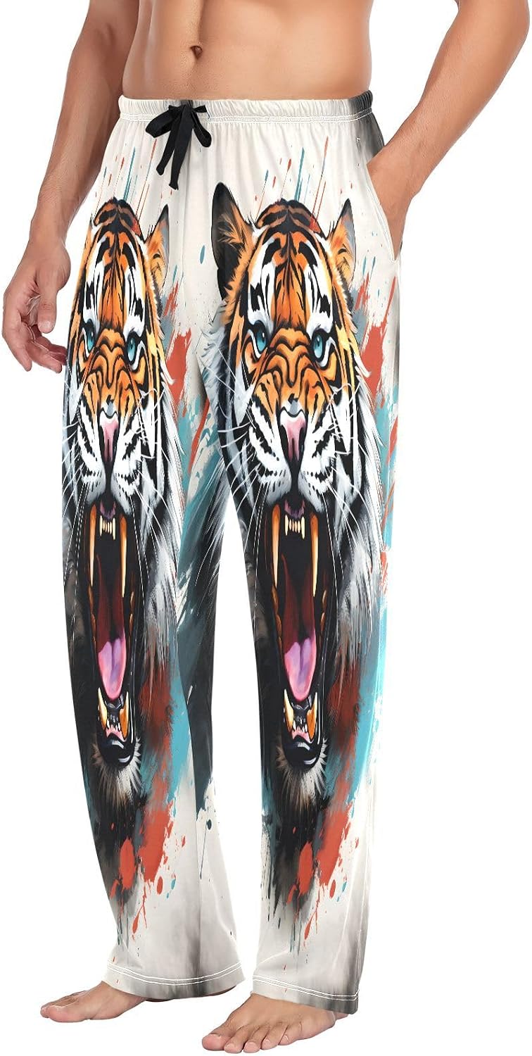 ALAZA Roaring Tiger Watercolor Men's Pajama Pants Men Cotton Pajama Bottoms with Pockets, S