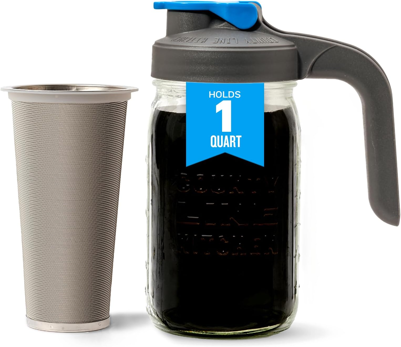 Glass Cold Brew Coffee Maker with Lid - Wide Mouth, 1 Quart (32 oz) - Heavy Duty, Leak Proof - Sun & Iced Tea Pitcher, Cold Brew Coffee, Breast Milk Storage, Water - Gray