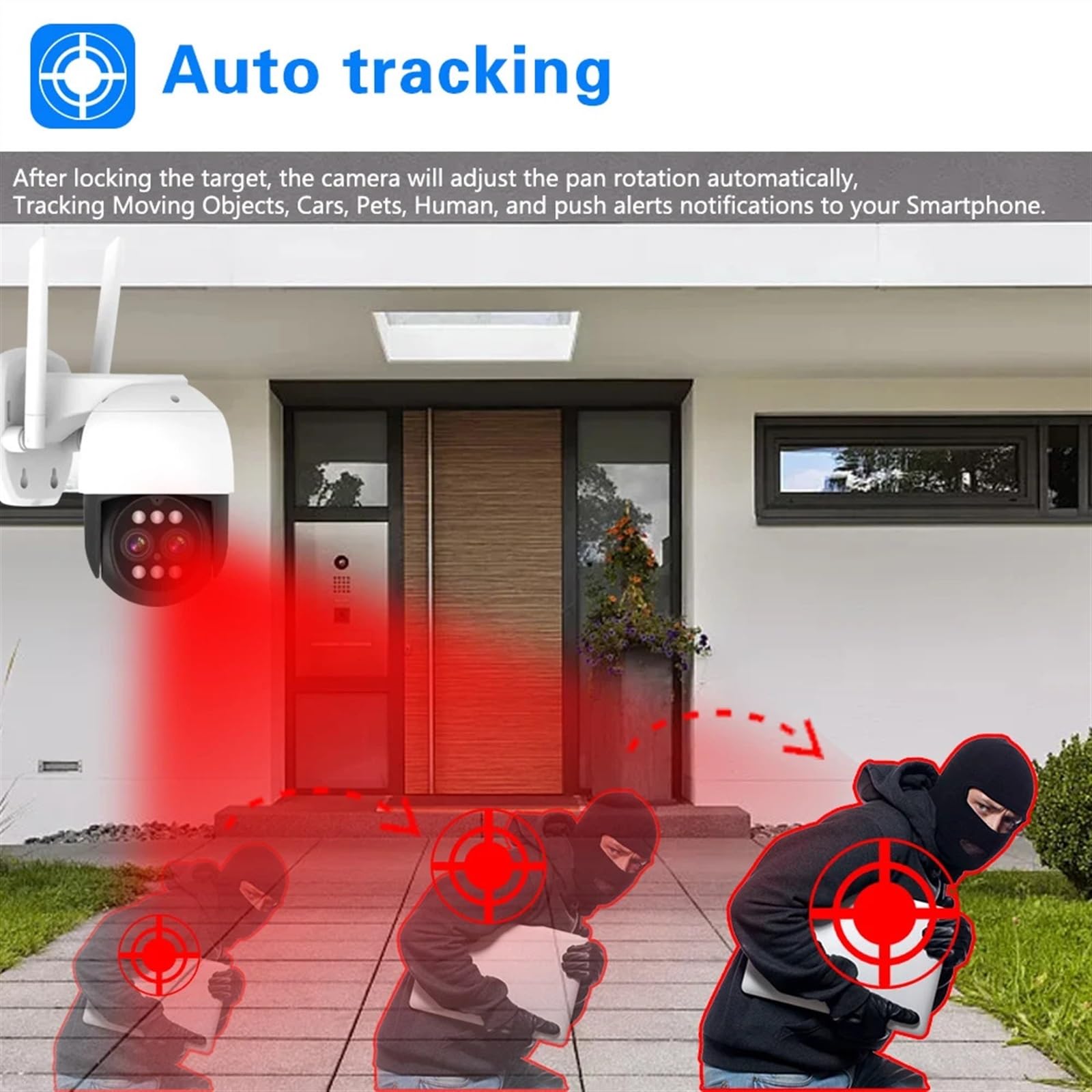 Caméra de sécurité, 8MP Double Objectif 2.8mm -12mm 10X Zoom 4K PTZ IP caméra extérieure AI Suivi Humain CCTV Audio sécurité vidéo Surveillance(WiFi Add 64G Card)