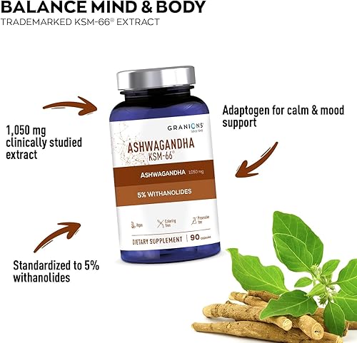 Miniatura 2 de Granions KSM66 Ashwagandha Supplements  5% Withanolides, 1,050 mg de extracto de raíz  Vegano, conservante, pastillas sin colorantes, apoyo para el