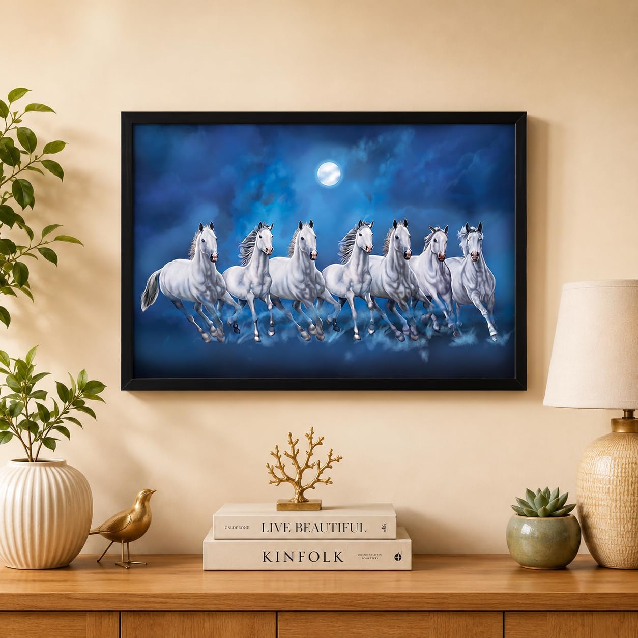 LIFEHAXTORE ยฎ Xtore Seven Lucky Running Vastu Horses Art Framed Painting (Ocean Blue, 12 Inch x 18 Inch)