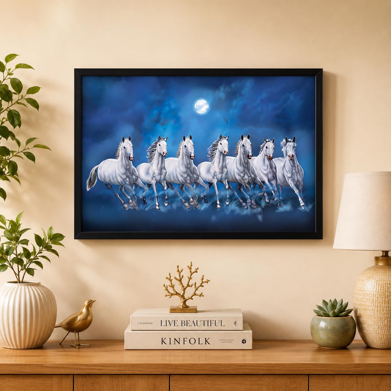 LIFEHAXTORE ® Xtore Seven Lucky Running Vastu Horses Art Framed Painting (Ocean Blue, 12 Inch x 18 Inch)