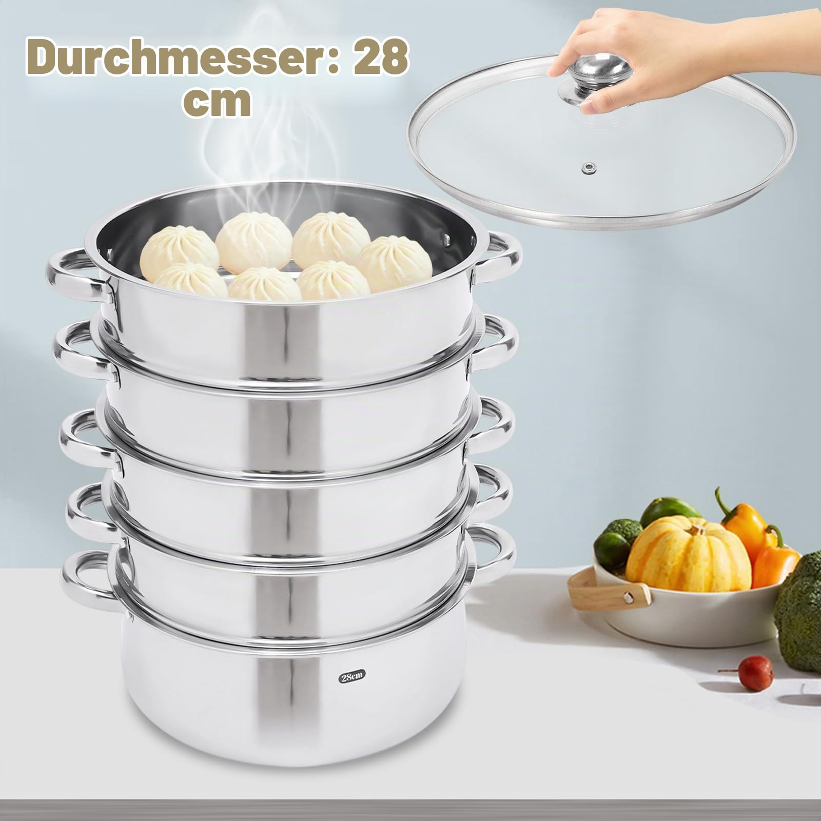 5-Lagiger Edelstahl Dampfkocher Dampfgarer Induktion Dampfgarer Dampfkocher Edelstahl Dampfgarer-Set 5-Lagiger mit Glasdeckel für Gemüse, Fisch, Suppe, Knödel (28CM)