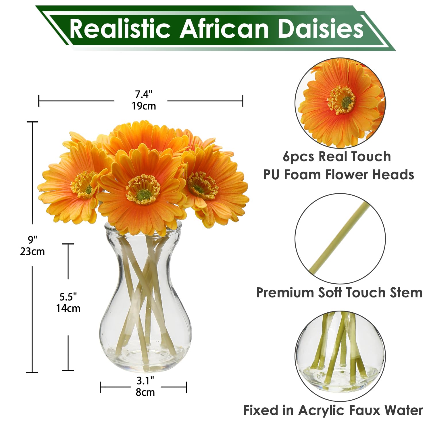 6 pcs Artificial African Daisies with Glass Vase, Small Fake Flowers in Vase with Faux Water - Image 2