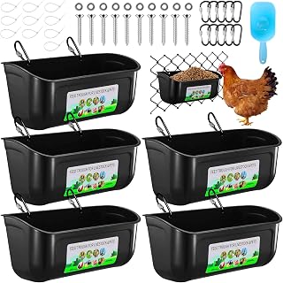 5 Pack Chicken Feeder, Duck Feeder Supplies, Hanging Fence Feed Trough with Clips for Goat, Sheeple, Piglet, Gooses, Turkeys, Dog Livestock Poultry, 8 Quarts in Total, Feed Scoop Included, Black