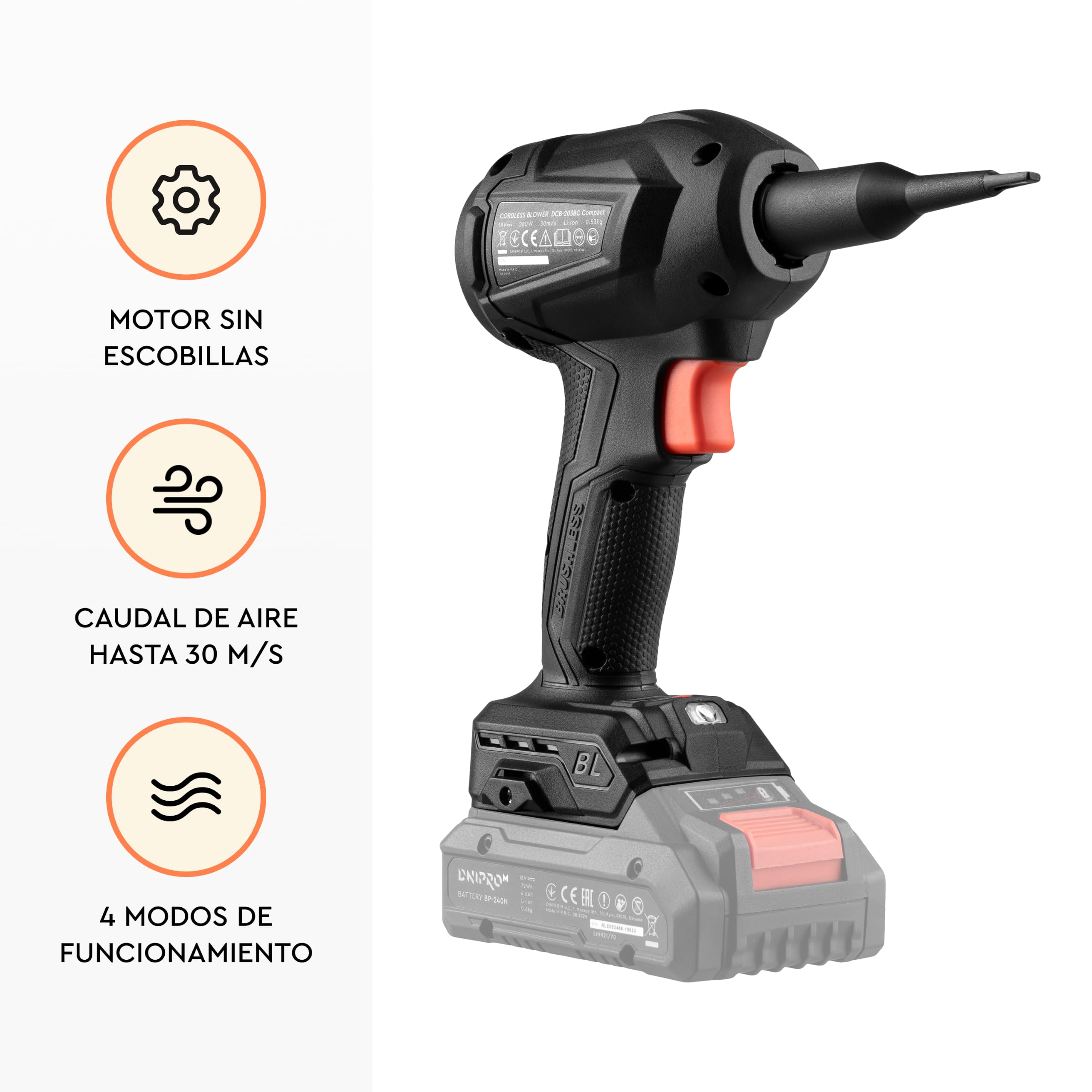 Soplador de Aire Potente Inalámbrico Brushless DCB-203BC Compact - Motor 280W, 30 m/s, 4 Velocidades - Limpieza PC, Taller, Barbacoa e Hinchables - 5 Accesorios Incluidos - Sin Batería - por Dnipro-M