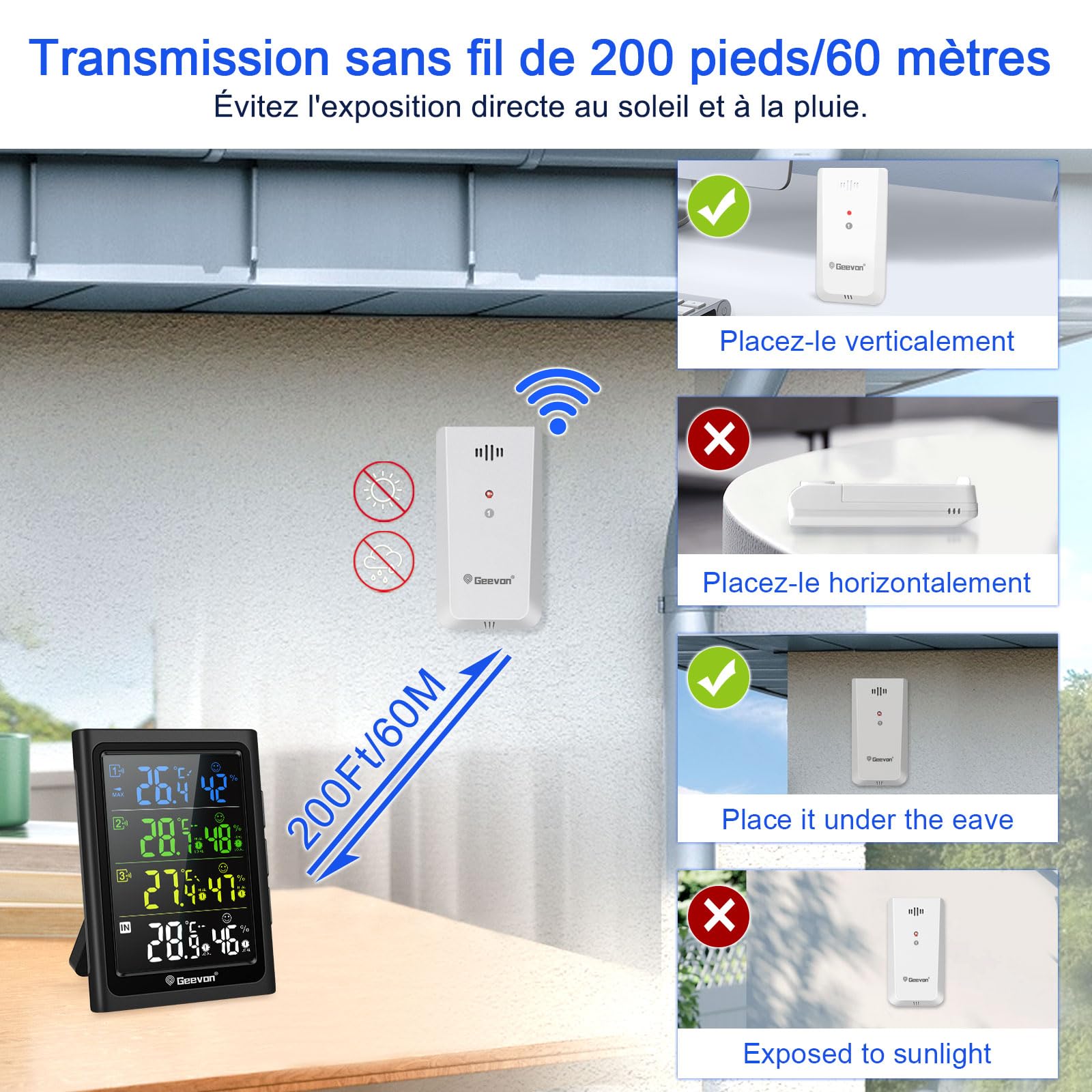 Geevon Thermomètre intérieur extérieur sans fil avec 3 capteurs à distance, hygromètre électronique, jauge de température avec portée de 60m Conditions sans obstruction