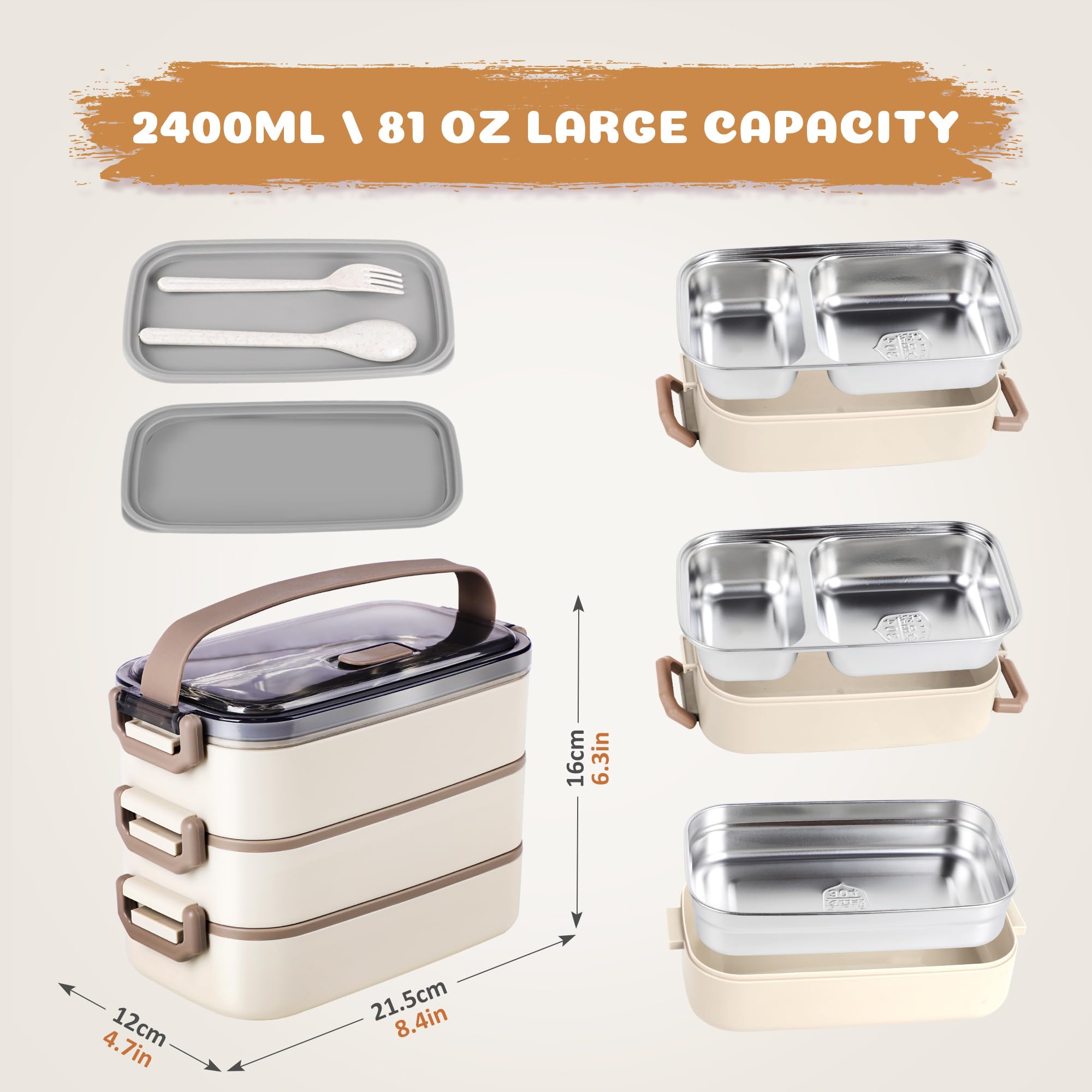 Bento-Lunchbox für Kinder, Damen, Herren, 1,3 l, 2 Fächer, Salat, Metall, Lebensmittelzubereitungsbehälter für Mittagessen, Edelstahl, 3 Schichten, stapelbar, Lunchbehälter mit Deckel, für Erwachsene