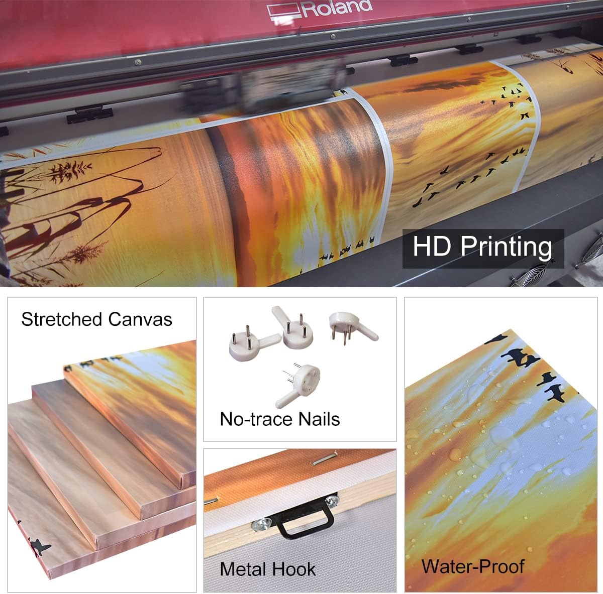 Noah Art-Rustic Seascape Wall Art Canvas Prints, Dawn on the Lake Shore Landscapes Pictures Sunset Artwork Ocean Art Print on Canvas, 4 Piece Stretched Canvas Wall Decor for Living Room