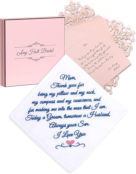 Amazon Amy Holt 新郎の母 息子からのギフト ウェディングハンカチ ギフトボックスとカード付き 両親へのウェディングギフト テーブルナプキン オンライン通販