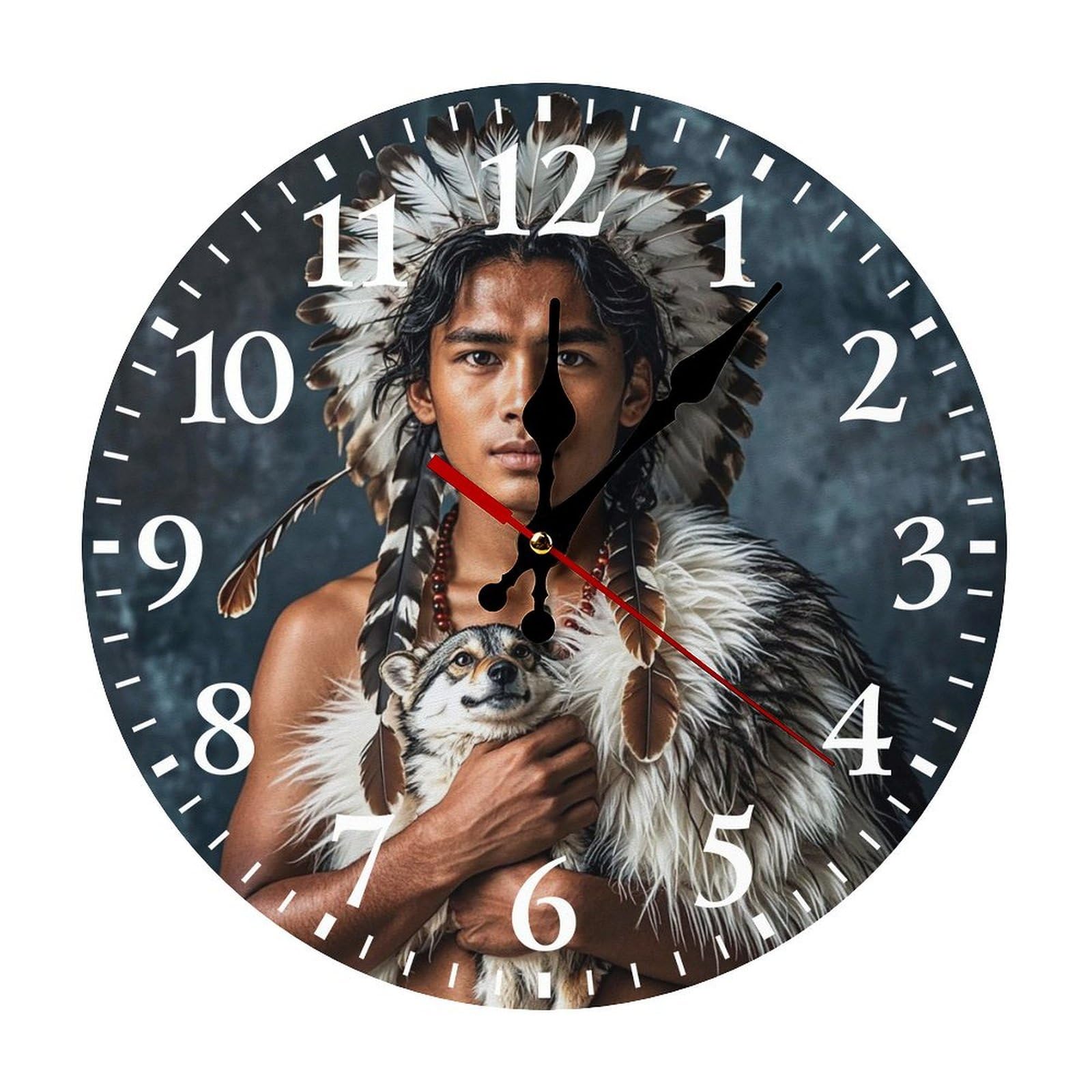 QMNLKH Indigenous People and Wolves Wall Clock for Home, Battery Operated Clock for Hotel, Round Wall Clock with Arabic Numerals White, Easy to Read, Non-Ticking Clocks for Living Room 25 * 25cm
