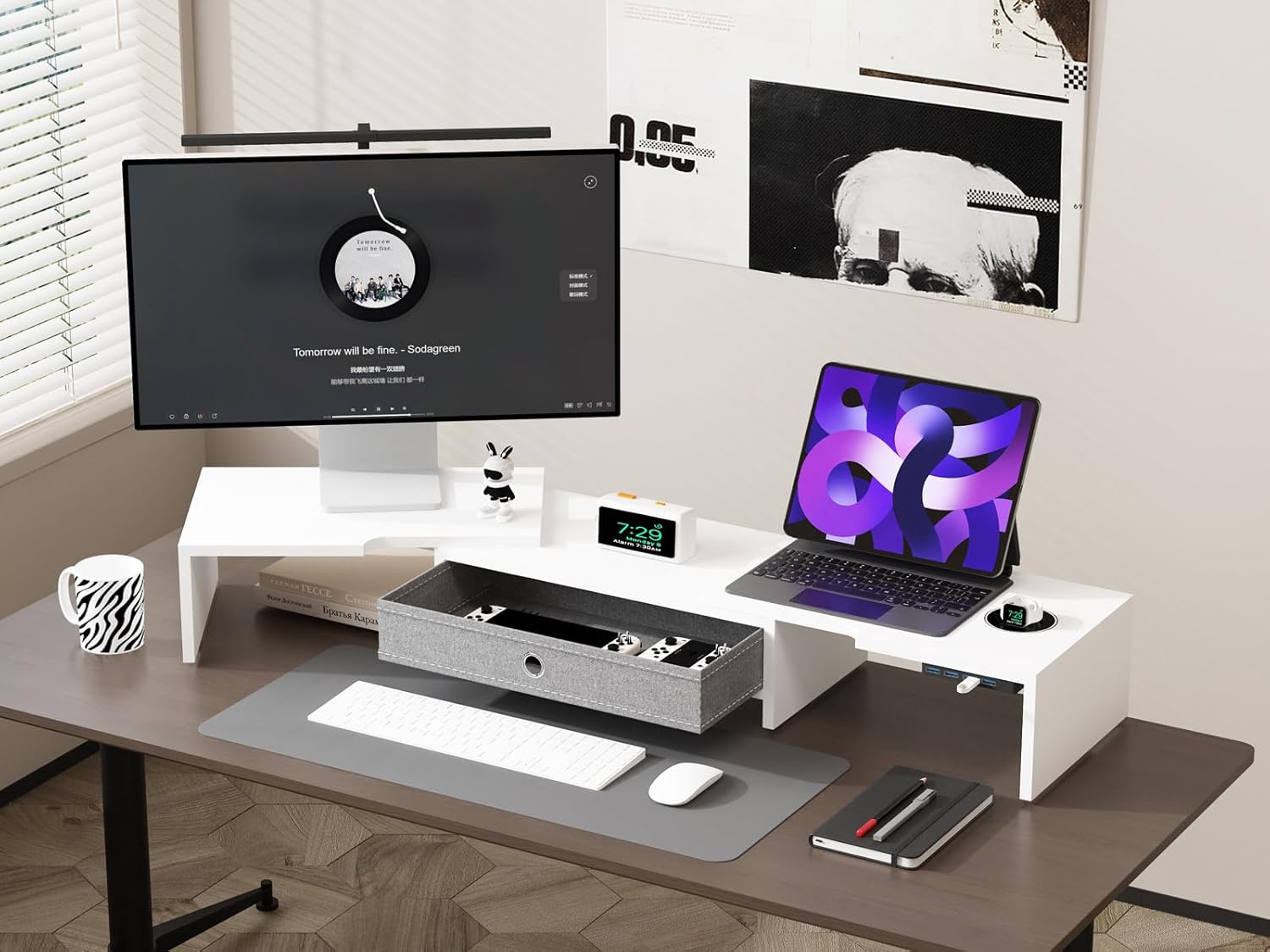 LAPTAIN Monitor Stand with Drawer, Dual Monitor Stand Riser with Adjustable Length and Angle, Computer Stand, Desk Organizer for PC Monitor/Laptop/MacBook