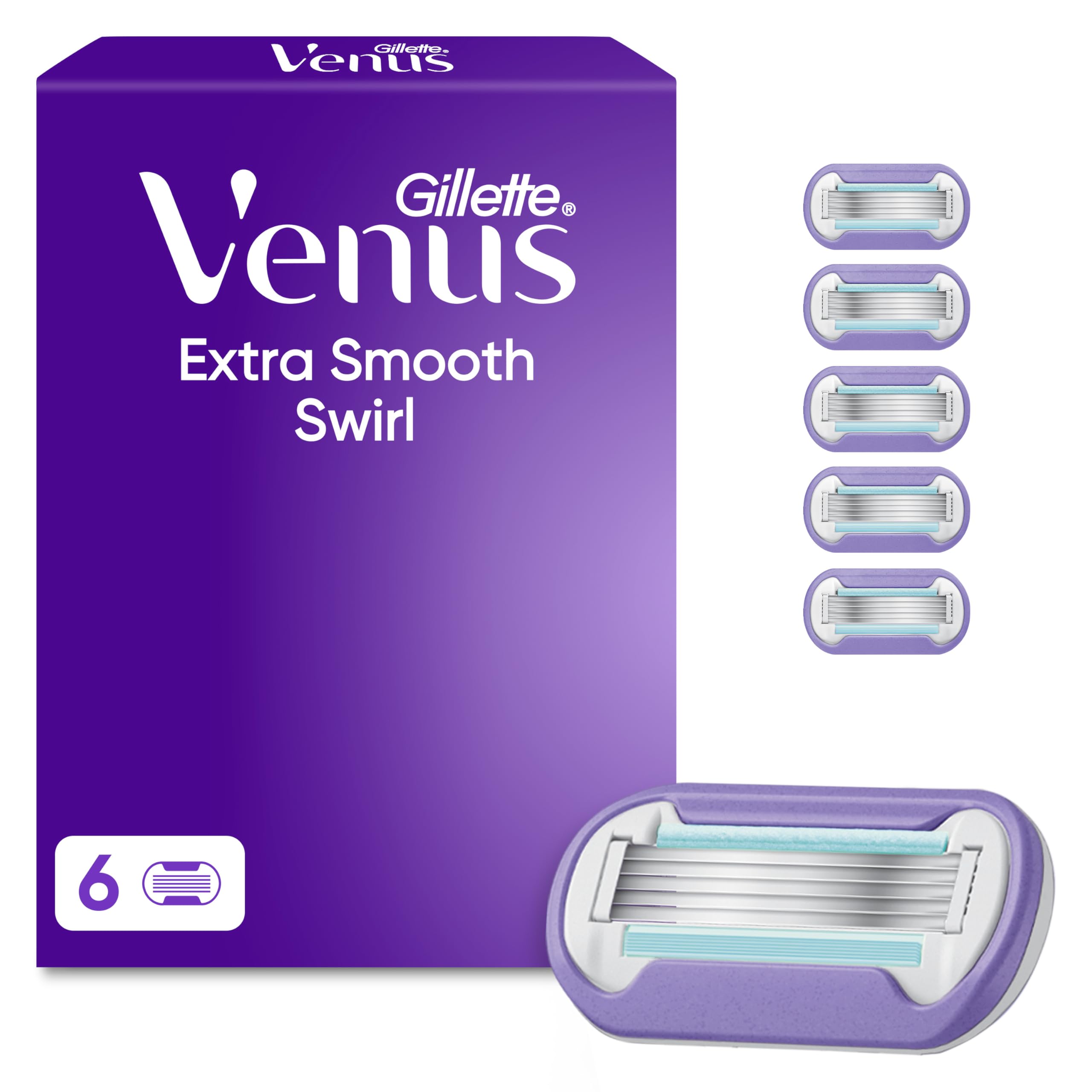 Gillette Venus Deluxe Smooth Swirl Razor Women, Pack of 6 Razor Refills, Lubrast
