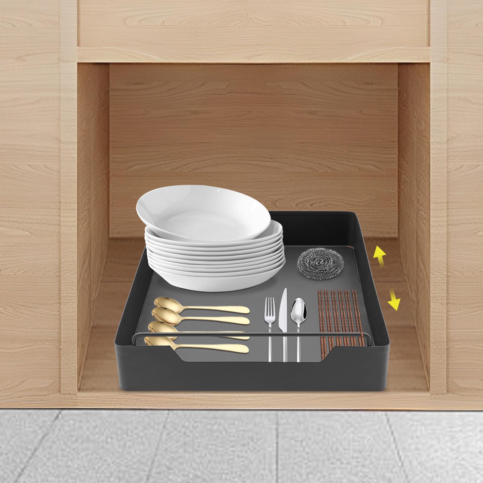 Cassetto telescopico in metallo, 43 x 25 x 7 cm, estraibile, per cucina, cucina, bagno (nero)