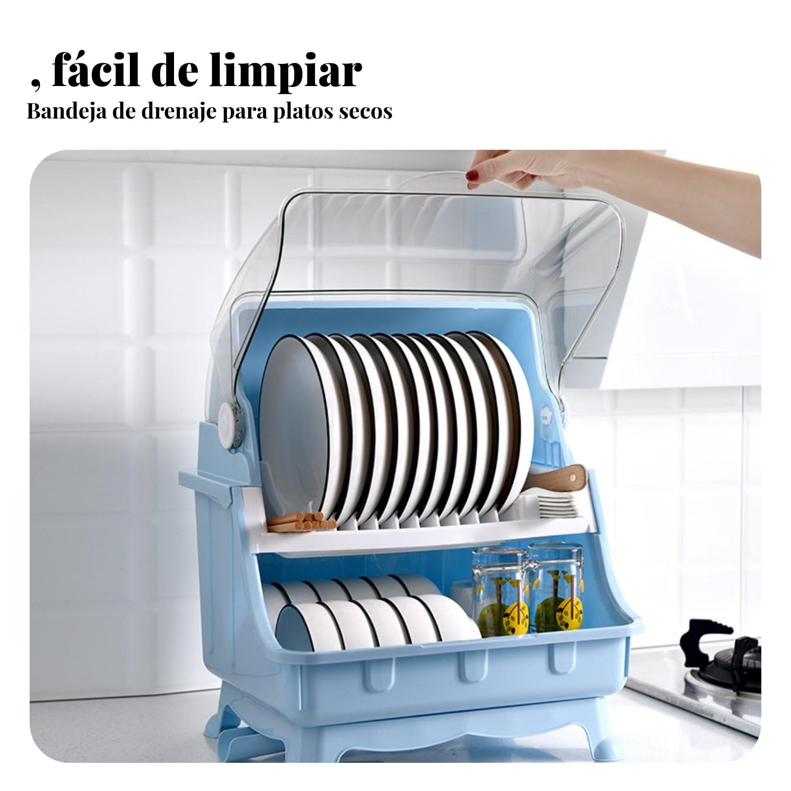 Escurridor de Platos para Cocina Estante de Vajilla con Cubierta Protectora de Material PP con Cajón Desmontable para Platos Vasos Cubiertos Adecuado para Cocina Pequeña Hogar Oficina, Azul