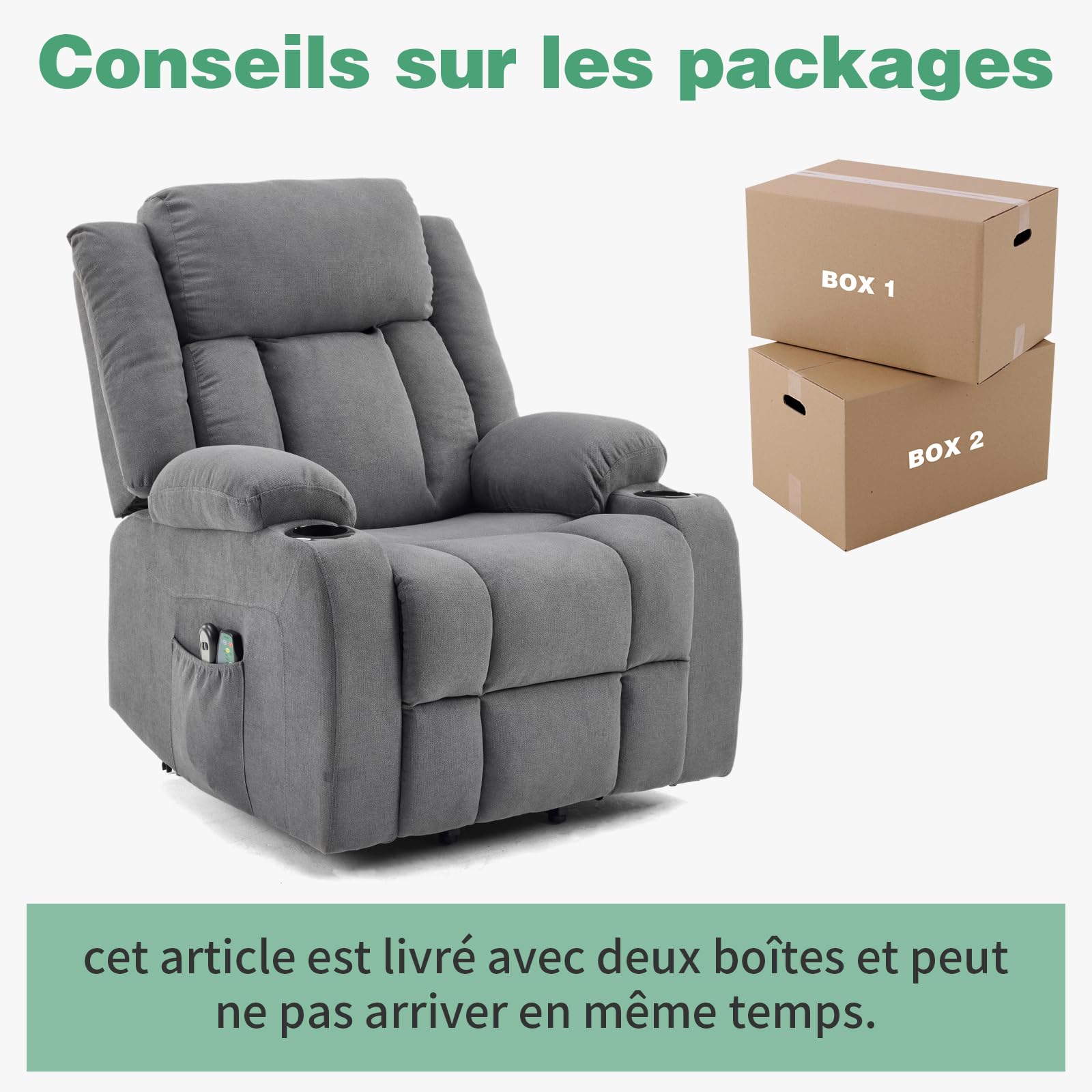 LEADZM Fauteuil Releveur Électrique Relax avec Fonction Massage et Chaleur, Inclinaison Réglable et Repose-Pieds, Télécommande Incluse Dunkelgrau