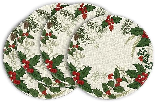 Artoid Mode Holly Christmas Pine - Juego de 4 manteles individuales redondos de invierno de 14 pulgadas para decoración de comedor vintage