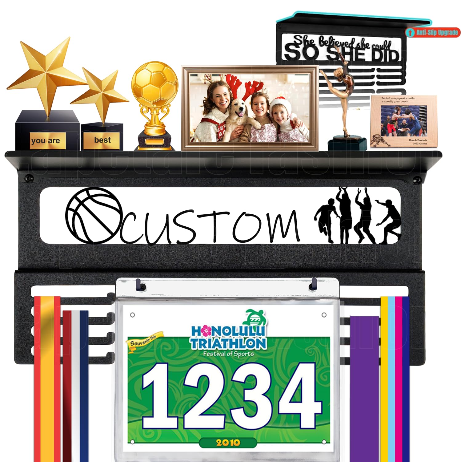 Personalized Medal Hanger Display with Trophy Shelf